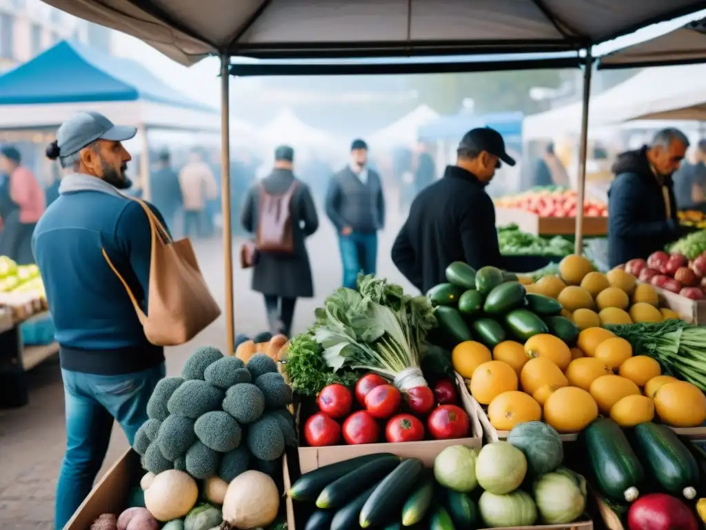 Un mercado de agricultores bullicioso en Montevideo, Uruguay, con opciones vegetales frescas y diversos clientes