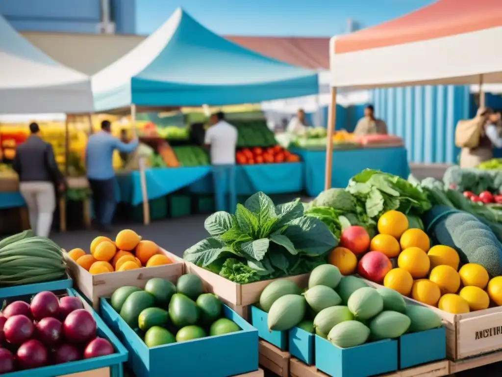 Mercado de agricultores en Montevideo con productos frescos y coloridos, resaltando la importancia de la salud intestinal en Uruguay