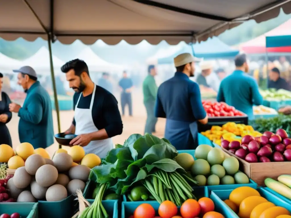 Mercado de agricultores vibrante en Uruguay, con gastronomía local, desarrollo comunitario y colores frescos