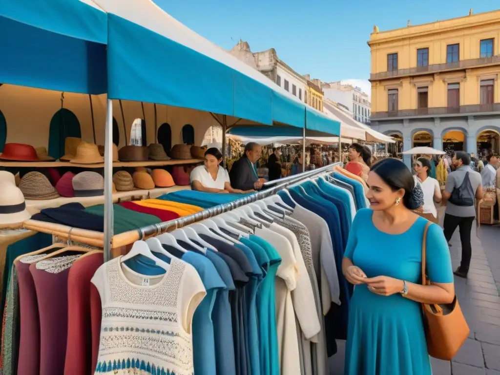 Un mercado al aire libre en Montevideo, Uruguay, lleno de prendas sostenibles y coloridas