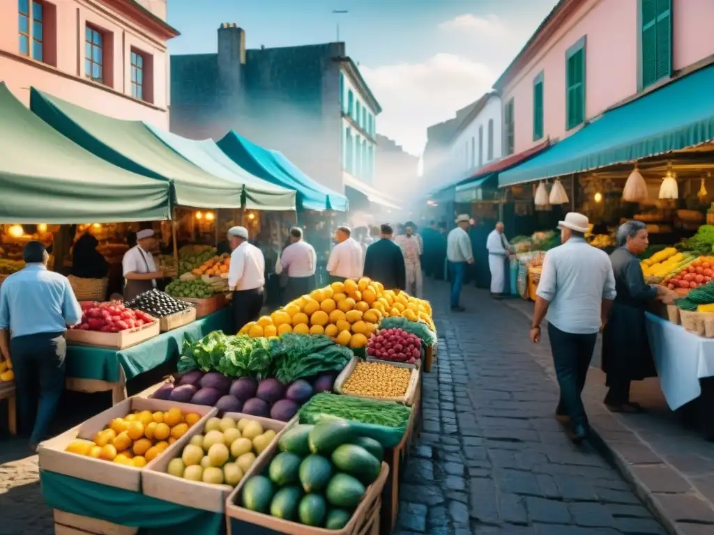 Mercado al aire libre en Uruguay con productos frescos y coloridos, reflejo del turismo gastronómico saludable en Uruguay