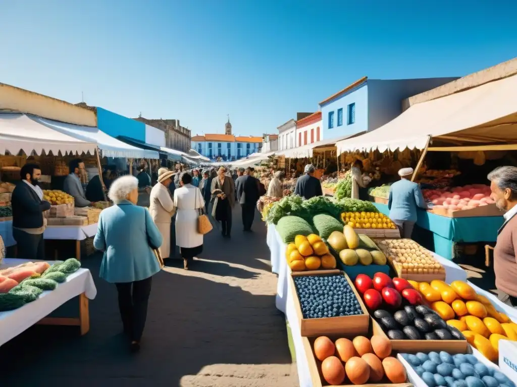 Un mercado al aire libre en Uruguay con productos ecoamigables, colores vibrantes y diversidad de compradores