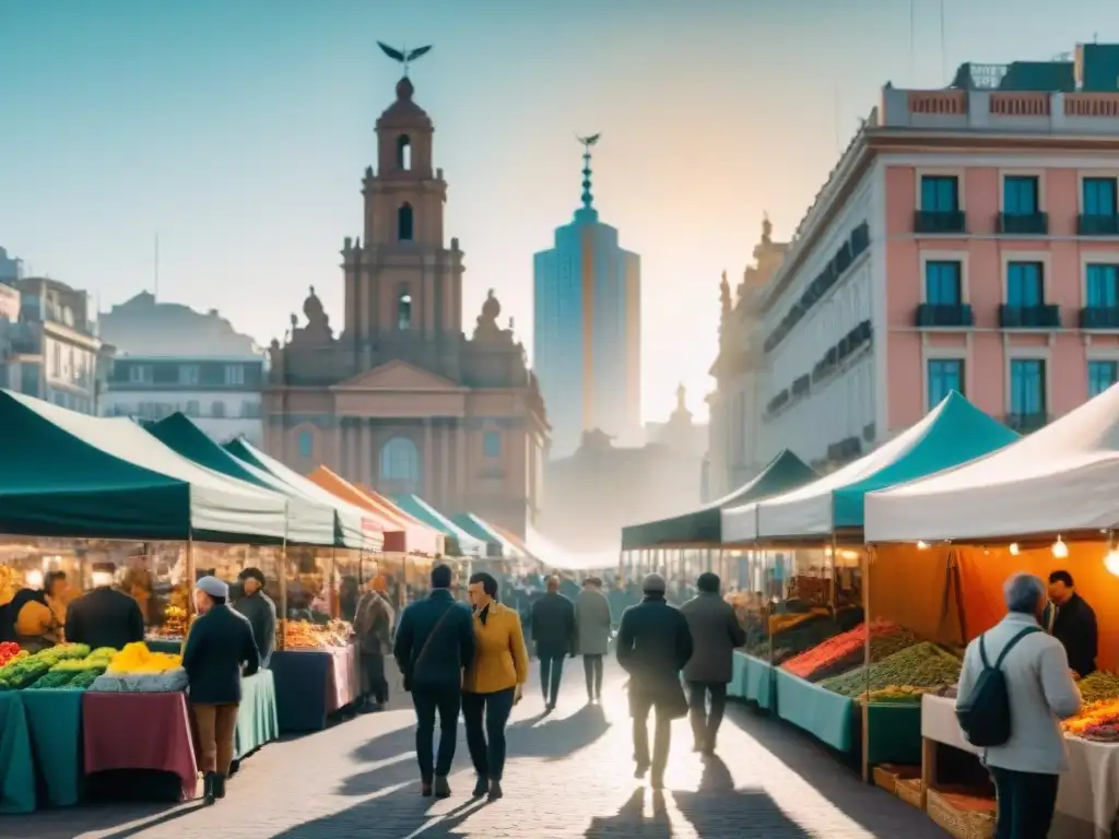 Un mercado al aire libre vibrante en Montevideo, Uruguay, con stands de moda sostenible