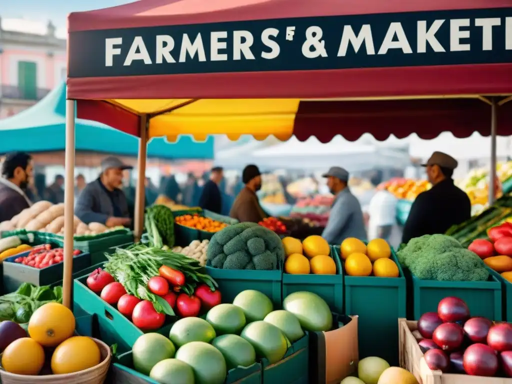 Mercado animado en Montevideo con alimentos frescos y coloridos para bienestar uruguayo