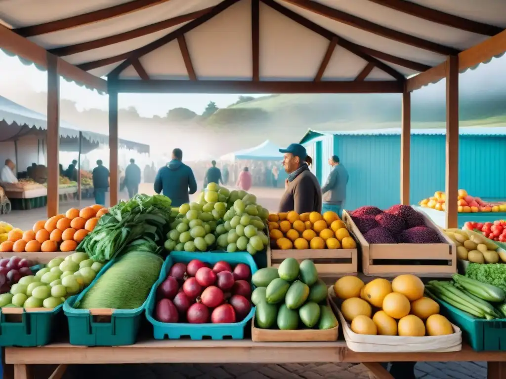 Un mercado animado en Uruguay, lleno de frutas y verduras coloridas en puestos de madera