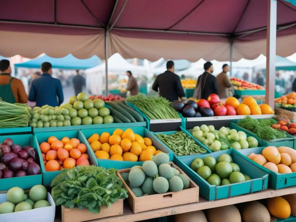 Un mercado bullicioso en Montevideo lleno de frutas frescas y coloridas, verduras y productos locales