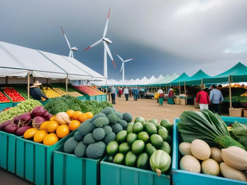 Un mercado bullicioso en Montevideo con puestos coloridos de frutas y verduras locales