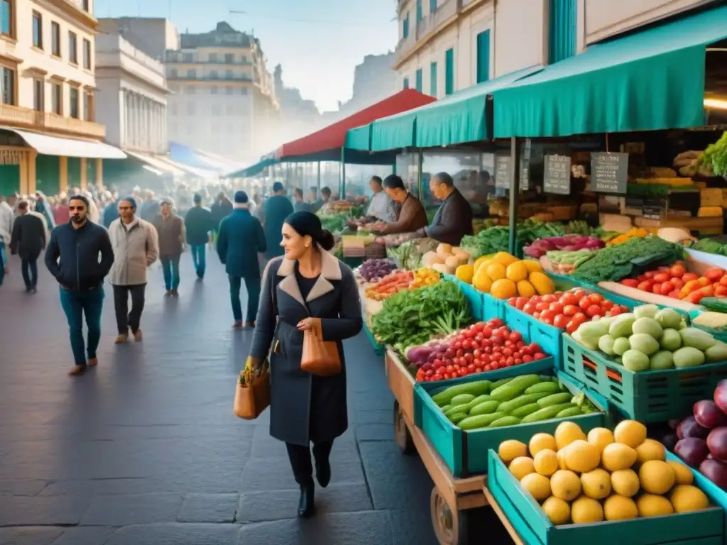 Un mercado bullicioso en Montevideo con puestos de frutas frescas y verduras, gente comprando ingredientes saludables