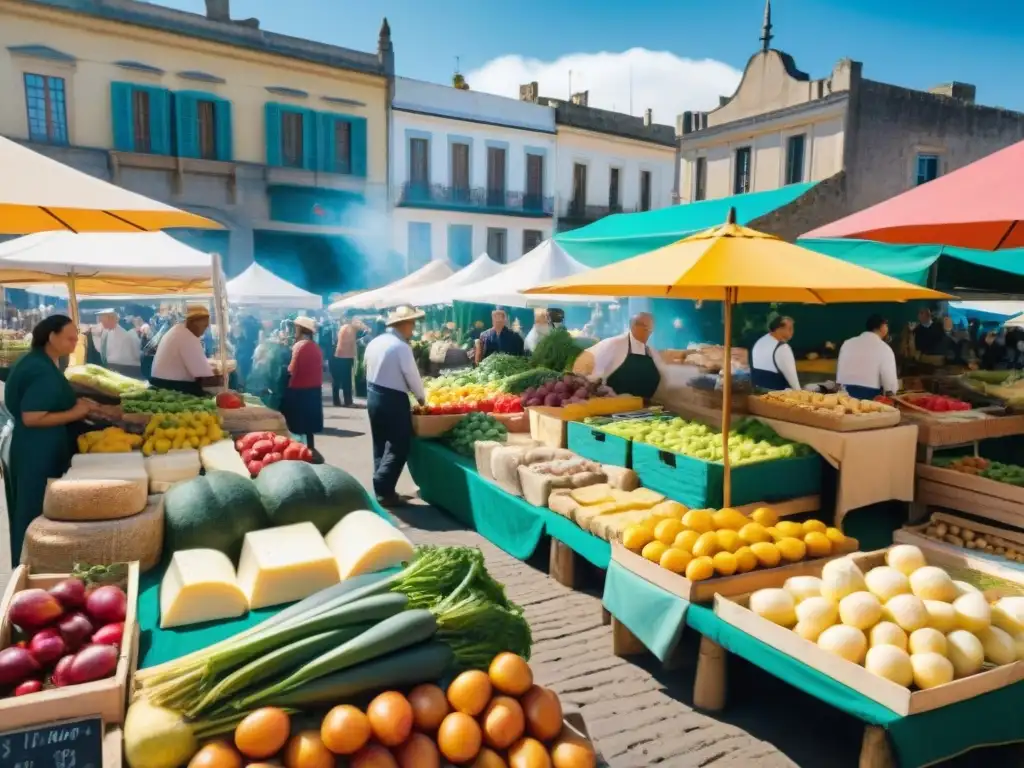 Un mercado bullicioso en Uruguay con gastronomía sostenible y coloridas frutas y verduras frescas