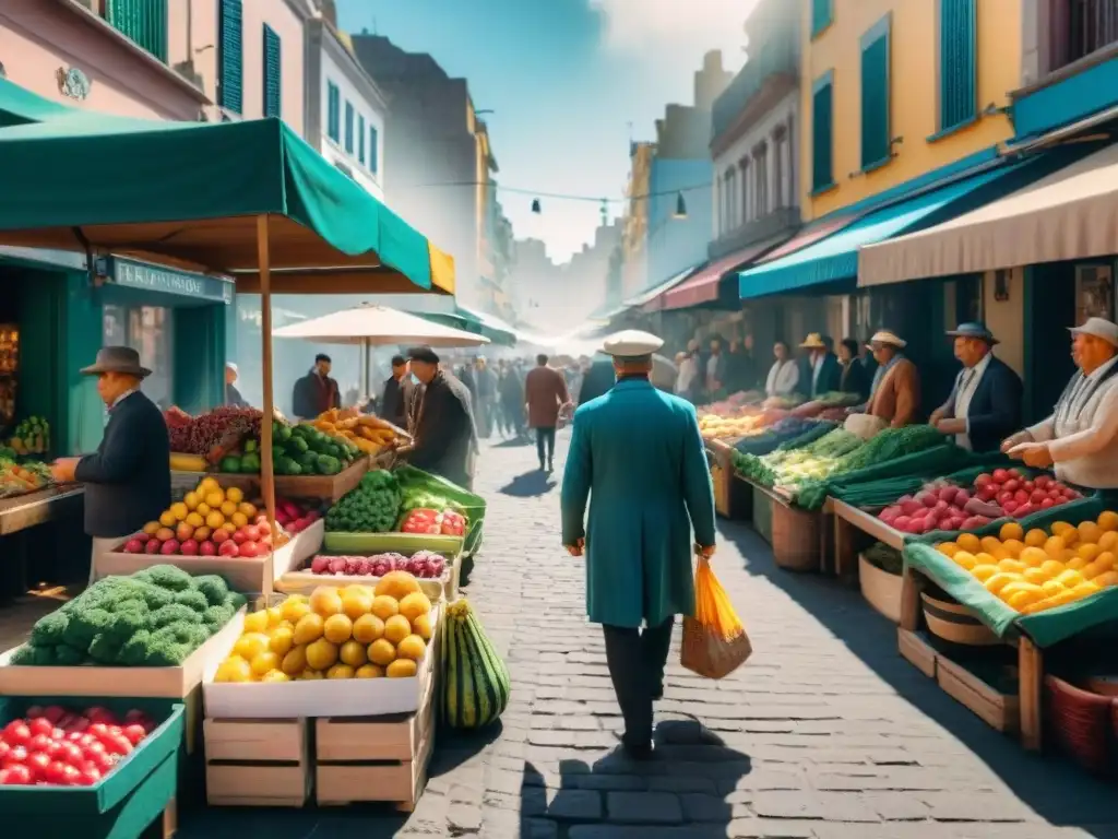 Mercado callejero animado en Montevideo, Uruguay: frutas, arquitectura tradicional y vida comunitaria vibrante