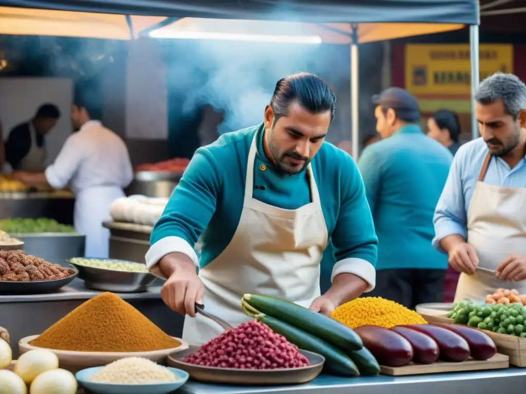 Un mercado callejero vibrante y concurrido en Uruguay, mostrando la fusión de la gastronomía tradicional uruguaya con sabores de todo el mundo