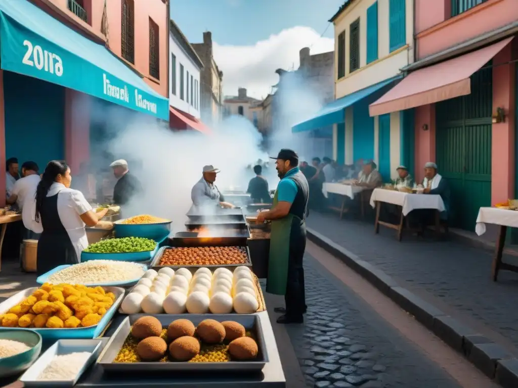 Un mercado callejero vibrante en Montevideo, Uruguay, reflejando el impacto de la gastronomía migrante en la cultura uruguaya