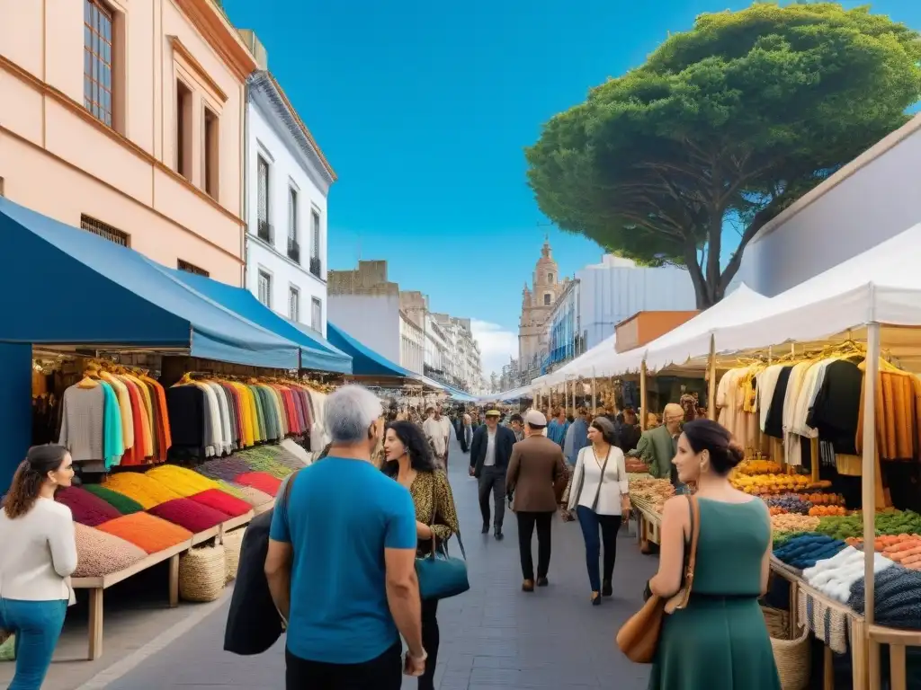 Un mercado callejero vibrante en Montevideo, Uruguay, con moda sostenible y colorida