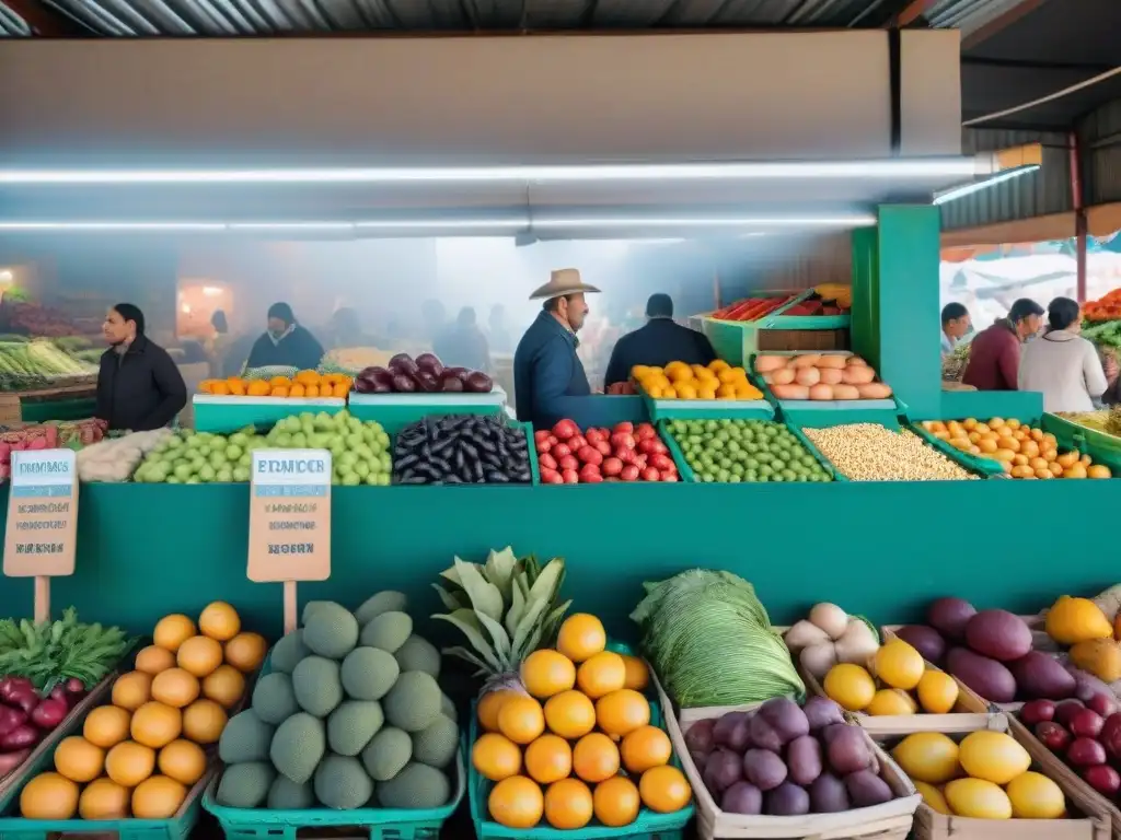 Un mercado colorido en Uruguay con alimentos frescos y tradicionales