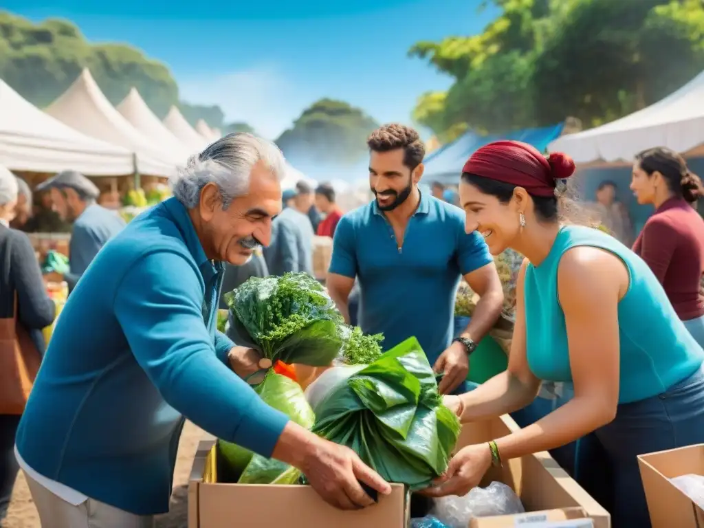 Un mercado comunitario vibrante en Uruguay, donde se practica el reciclaje comunitario sostenible