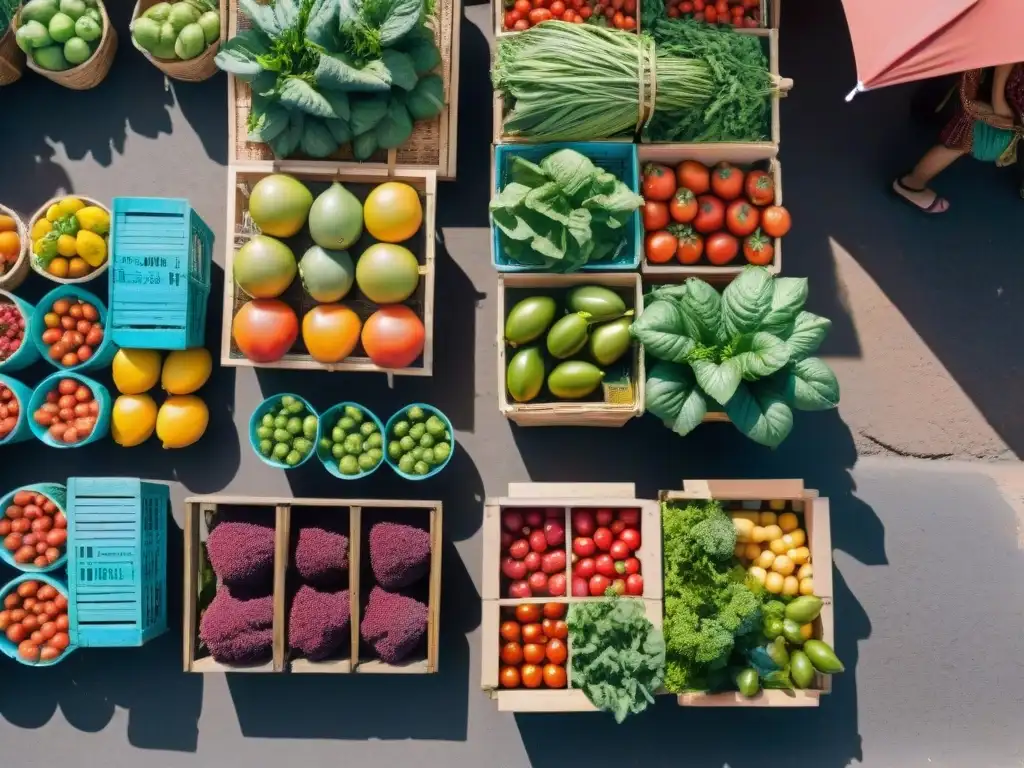 Mercado agrícola en Uruguay con frutas y verduras coloridas, fomentando la prevención del cáncer y la nutrición saludable