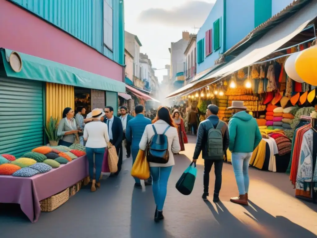 Un mercado en Montevideo lleno de vida, con artesanos locales mostrando moda sostenible elaborada con materiales reciclados