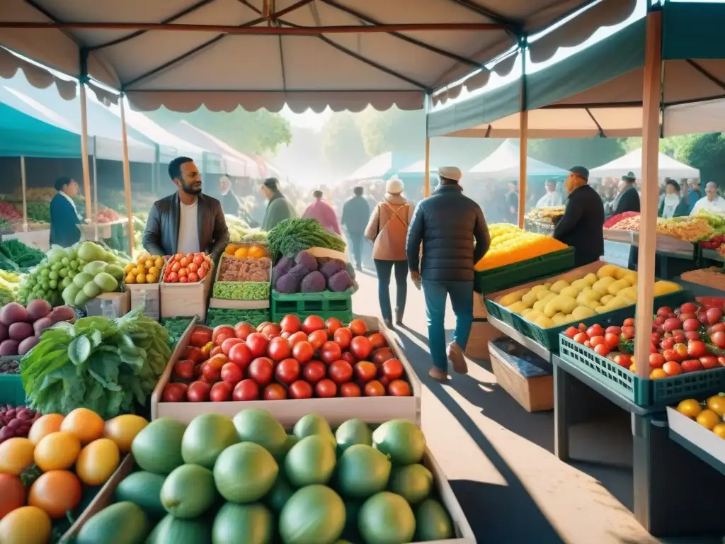 Un mercado lleno de vida con frutas y verduras frescas