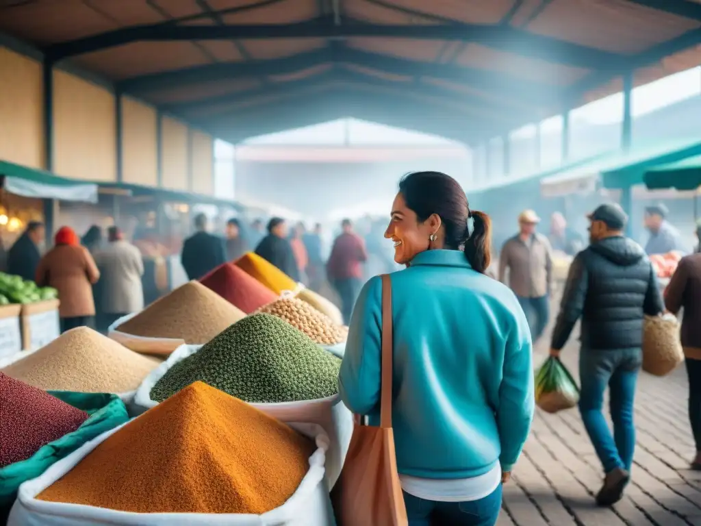 Un mercado local bullicioso en Uruguay, lleno de colores y productos a granel