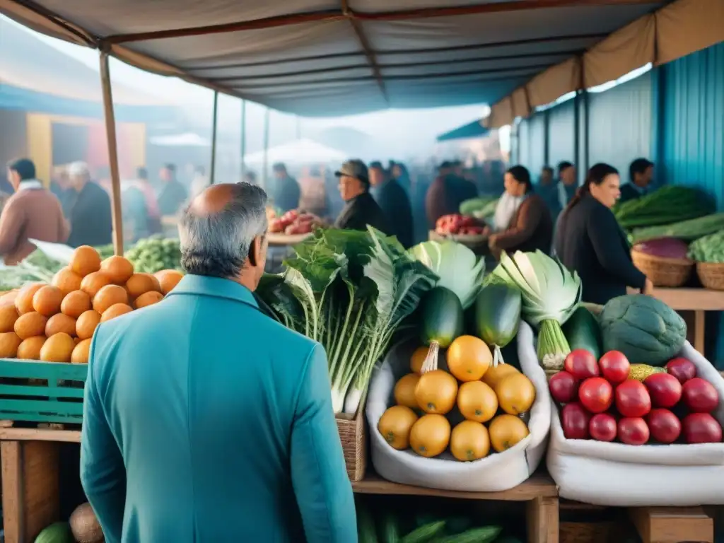 Un mercado local en Uruguay rebosante de vida y color, donde se promueve el consumo responsable en Uruguay