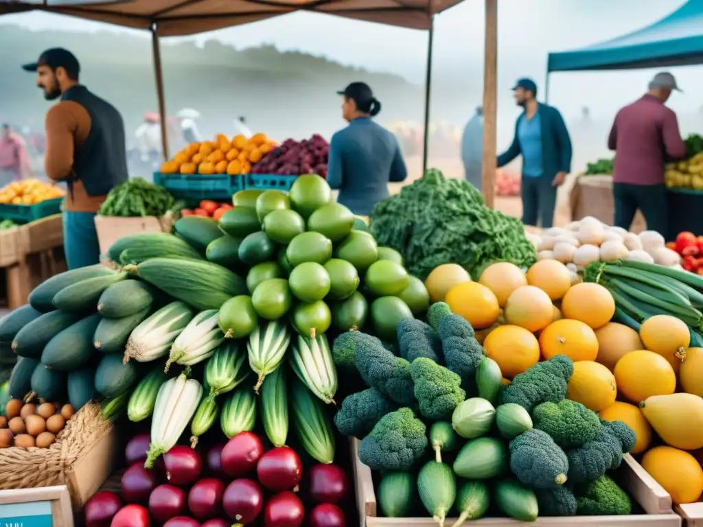 Un mercado orgánico en Uruguay rebosante de vida y color, donde locales eligen frutas y verduras frescas