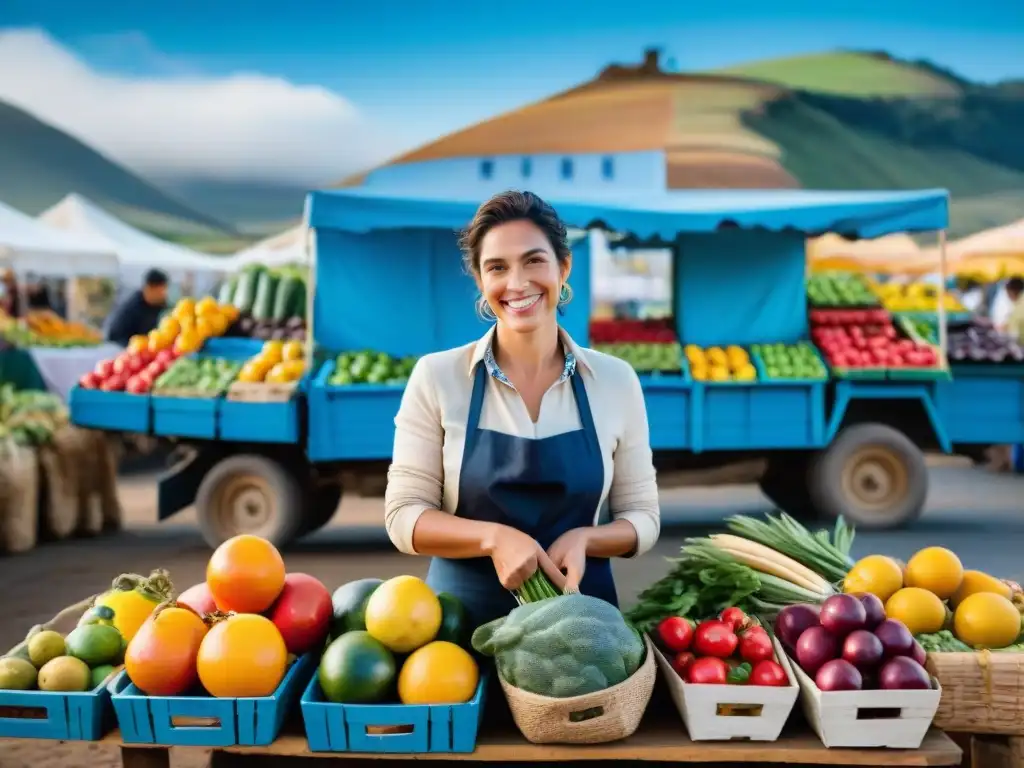 Mercado sostenible en Uruguay: agricultores locales venden frutas y verduras frescas, promoviendo hábitos sostenibles