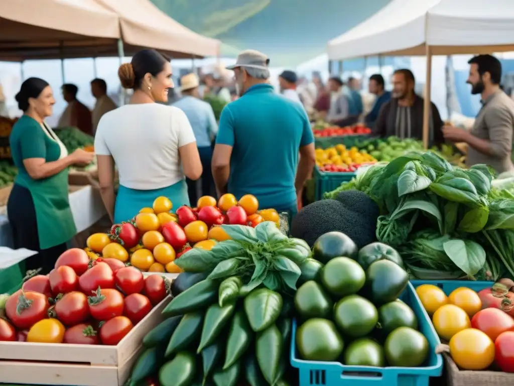 Mercado sostenible en Uruguay: coloridas verduras, quesos artesanales y puestos tradicionales