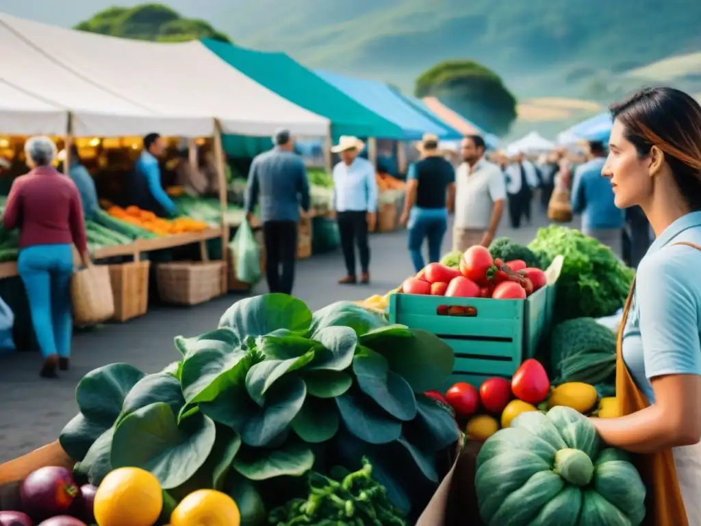 Un mercado sostenible en Uruguay con puestos coloridos de productos frescos y artesanías, clientes diversos y estilo de vida sostenible Uruguay