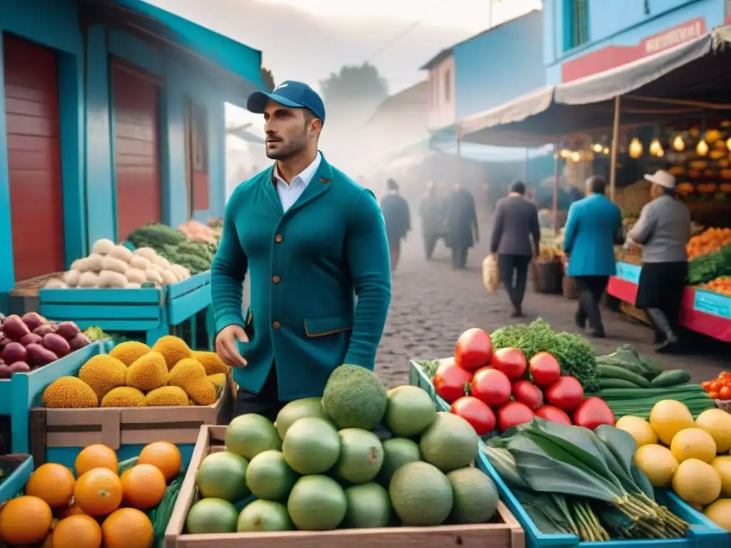 Un mercado tradicional uruguayo lleno de colores vibrantes y productos frescos, reflejando la cultura y la alimentación saludable en Uruguay