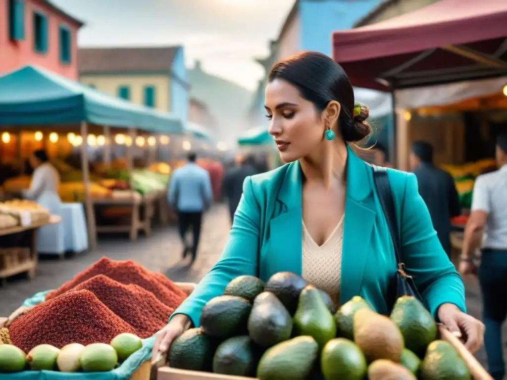 Un mercado tradicional uruguayo rebosante de vida, con puestos coloridos de aguacates, aceitunas, queso y carnes locales