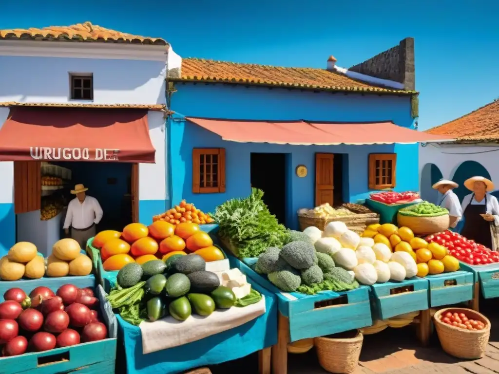 Un mercado tradicional uruguayo rebosante de vida, colores y sabores, adaptando la Dieta Mediterránea a Uruguay