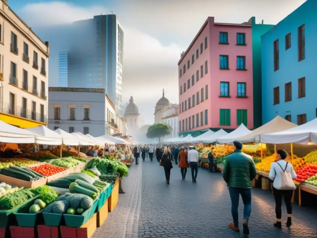 Un mercado urbano vibrante en Uruguay promoviendo hábitos saludables para prevenir enfermedades crónicas