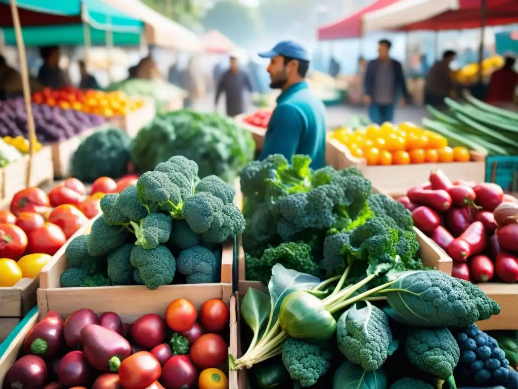 Un mercado uruguayo bullicioso y colorido rebosante de frutas y verduras antioxidantes