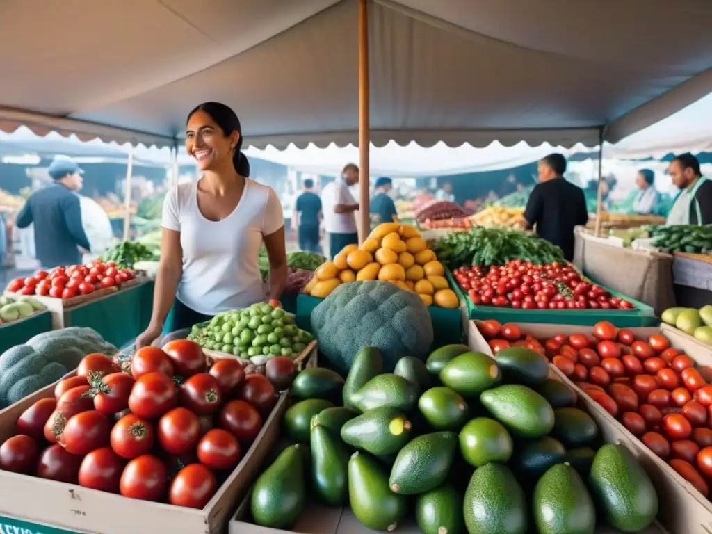 Un mercado uruguayo bullicioso y colorido, con productos frescos y locales bajo carpas blancas