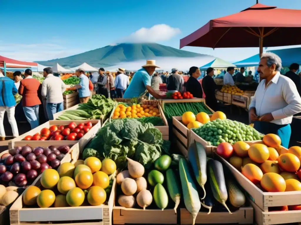 Un mercado uruguayo bullicioso con frutas y verduras de estación, clientes variados y ambiente comunitario