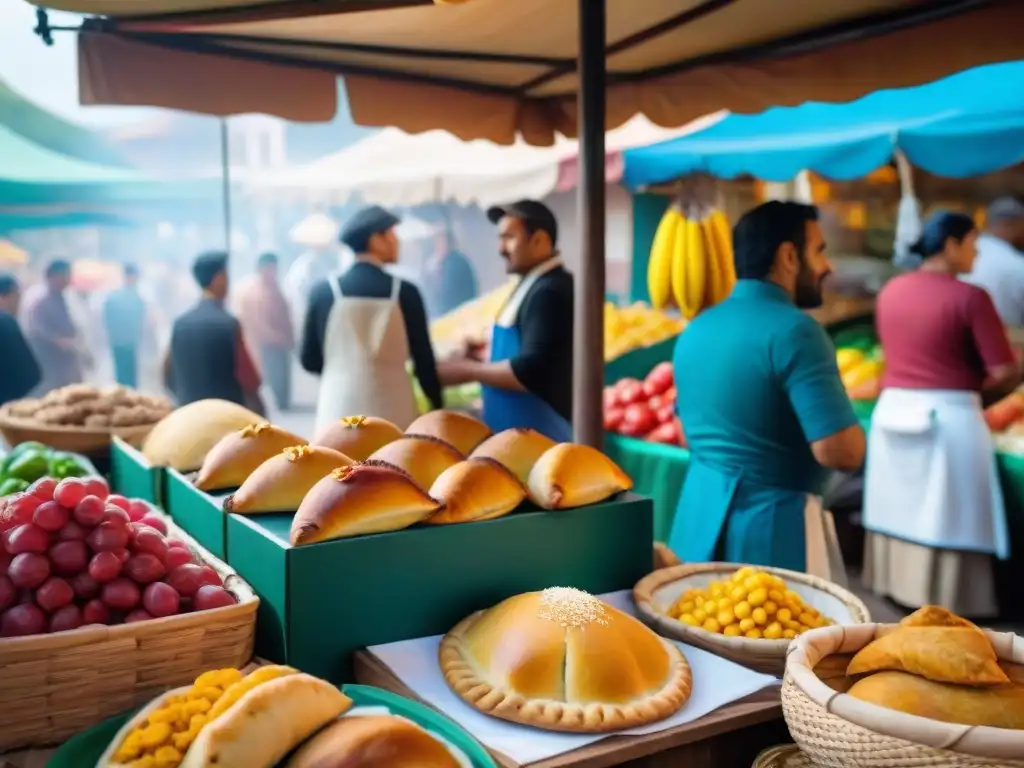 Un mercado uruguayo bullicioso con frutas frescas, empanadas y chivitos