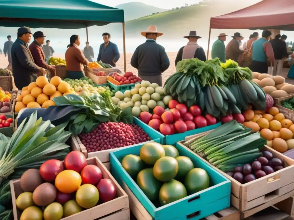 Un mercado uruguayo colorido destaca frutas y verduras frescas, reflejando una dieta diversa y saludable para prevenir enfermedades