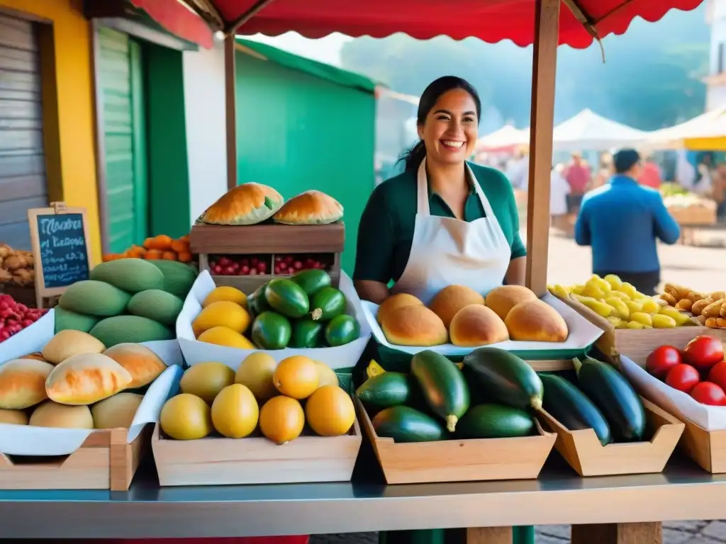 Un mercado uruguayo colorido lleno de alimentos frescos y tradicionales para mejorar el estado de ánimo en Uruguay