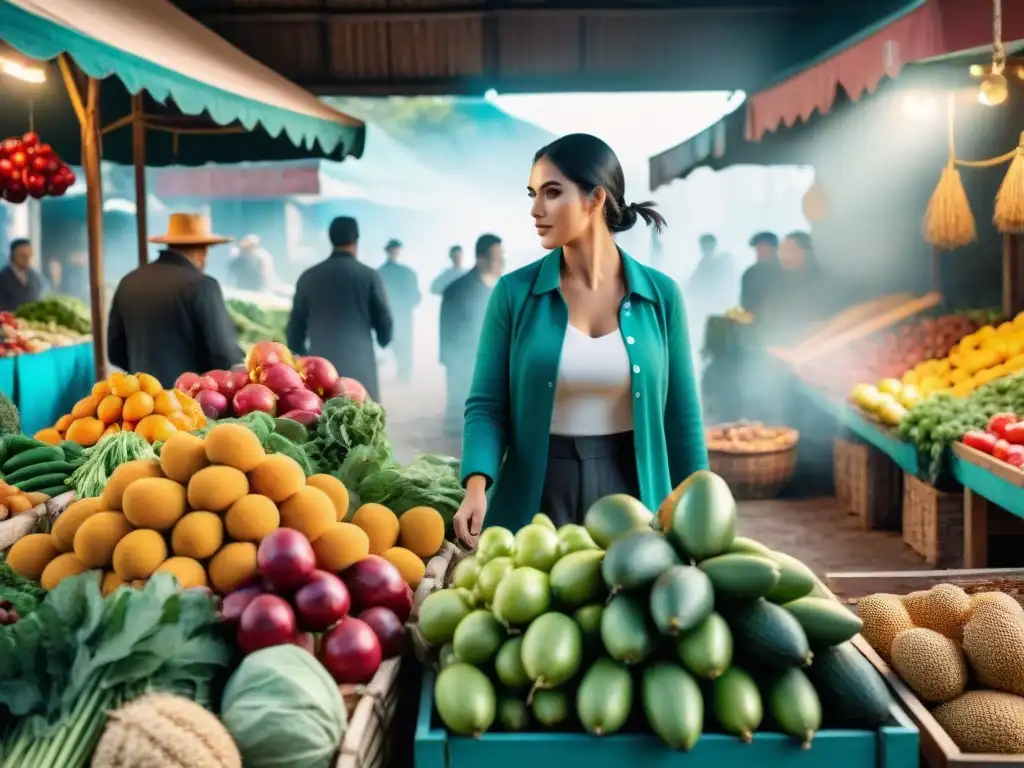 Un mercado uruguayo lleno de colores y alimentos frescos, reflejando las tradiciones culinarias de Uruguay y promoviendo el bienestar físico