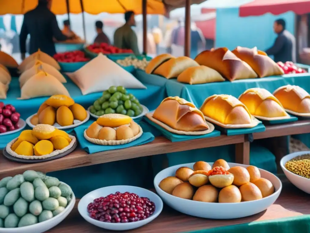 Un mercado uruguayo lleno de vida y color, con frutas frescas, empanadas y choripán