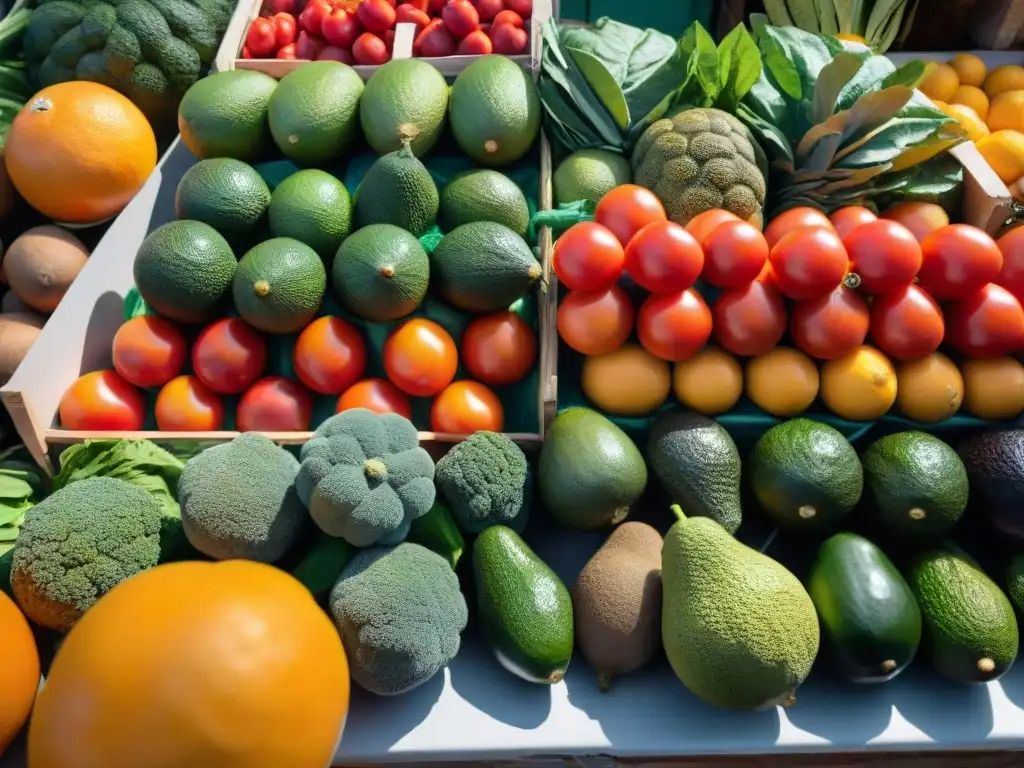 Un mercado uruguayo rebosante de frutas y verduras frescas, capturando la esencia de la dieta atlántica uruguaya