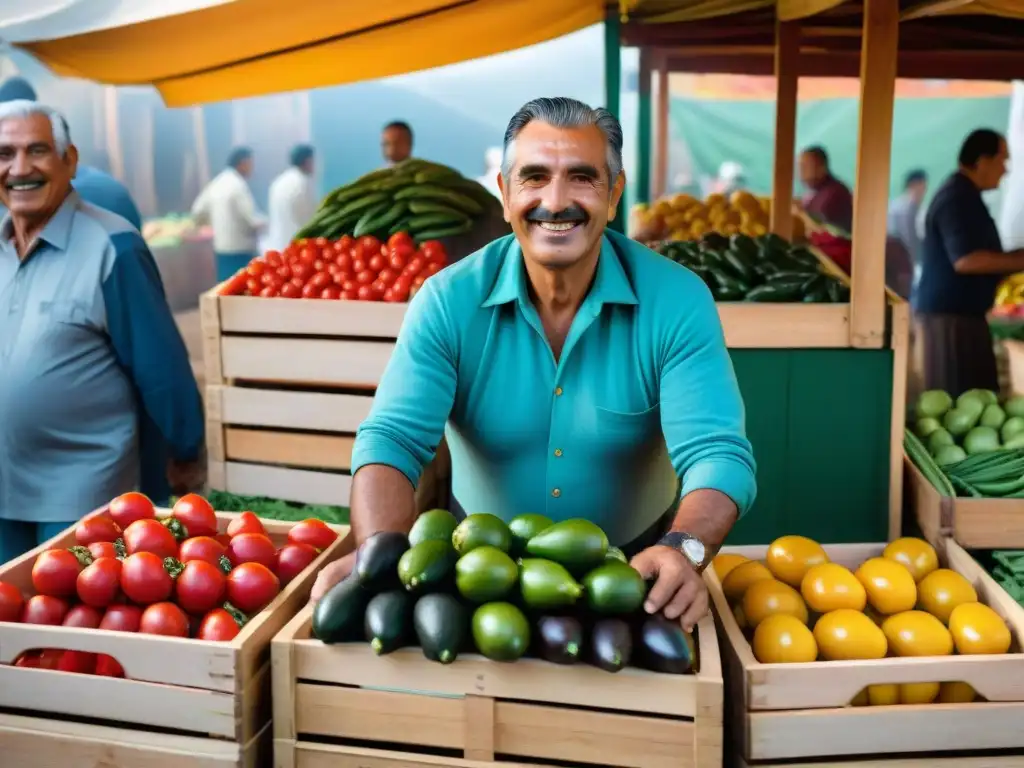 Mercado uruguayo rebosante de productos frescos y coloridos como aguacates, tomates y pimientos, bajo el cálido sol