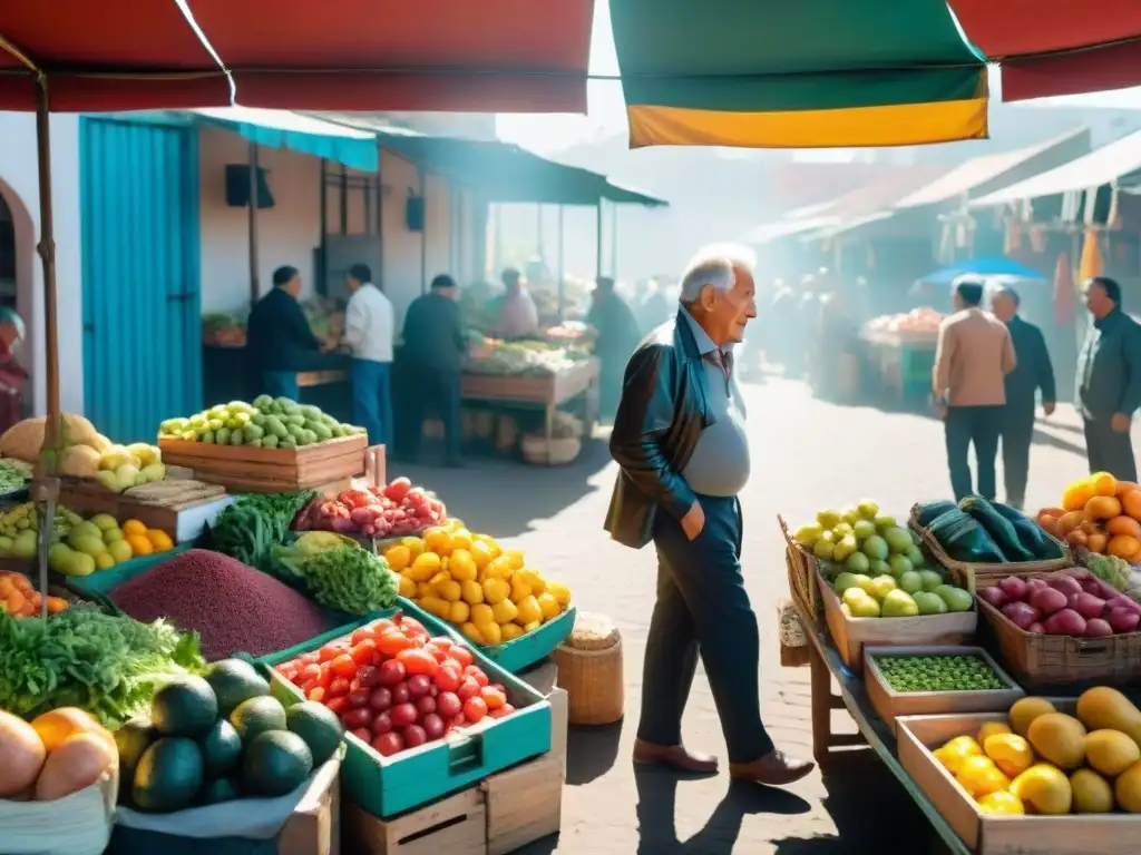 Un mercado uruguayo vibrante con alimentos coloridos y personas mayores disfrutando de la comunidad y la dieta uruguaya saludable después de los 60