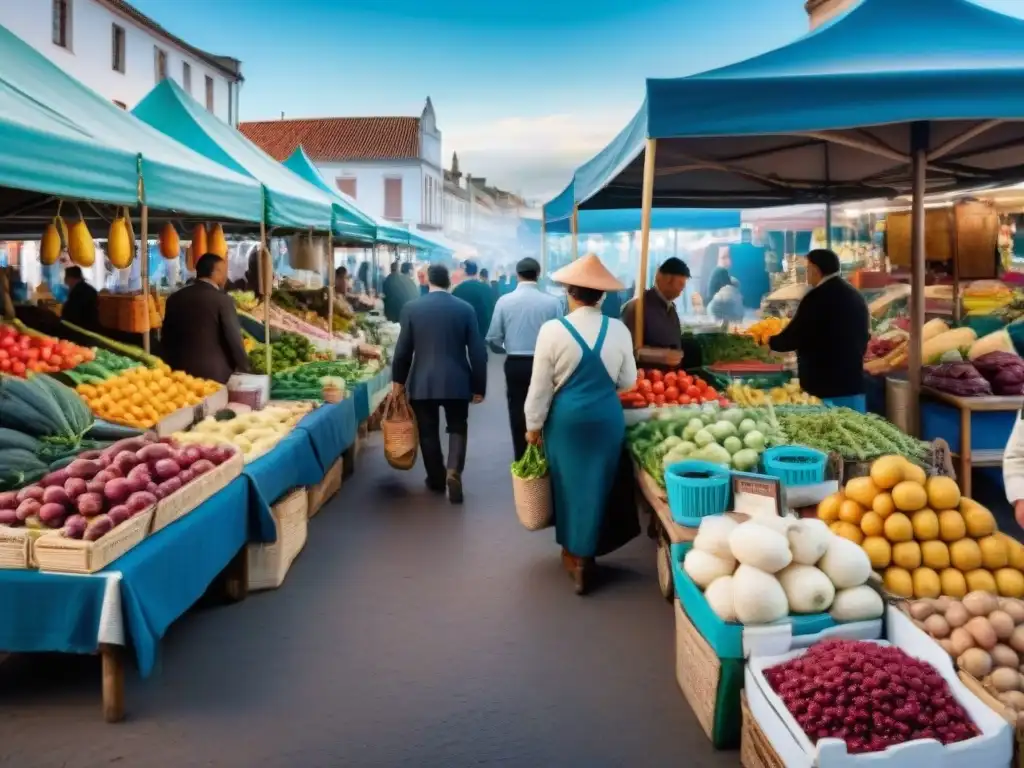 Mercado uruguayo vibrante y colorido, repleto de frutas, verduras y productos locales