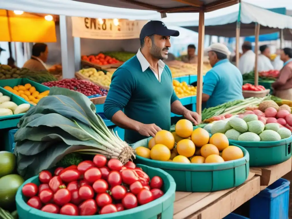 Un mercado uruguayo vibrante y colorido con frutas frescas, verduras y mariscos locales