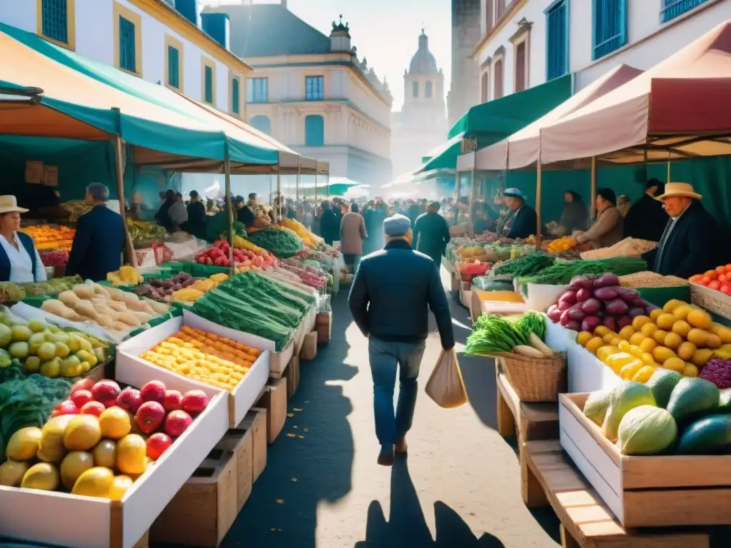 Un mercado uruguayo vibrante y colorido, con frutas frescas, verduras y platos tradicionales, ideal para el turismo gastronómico saludable en Uruguay