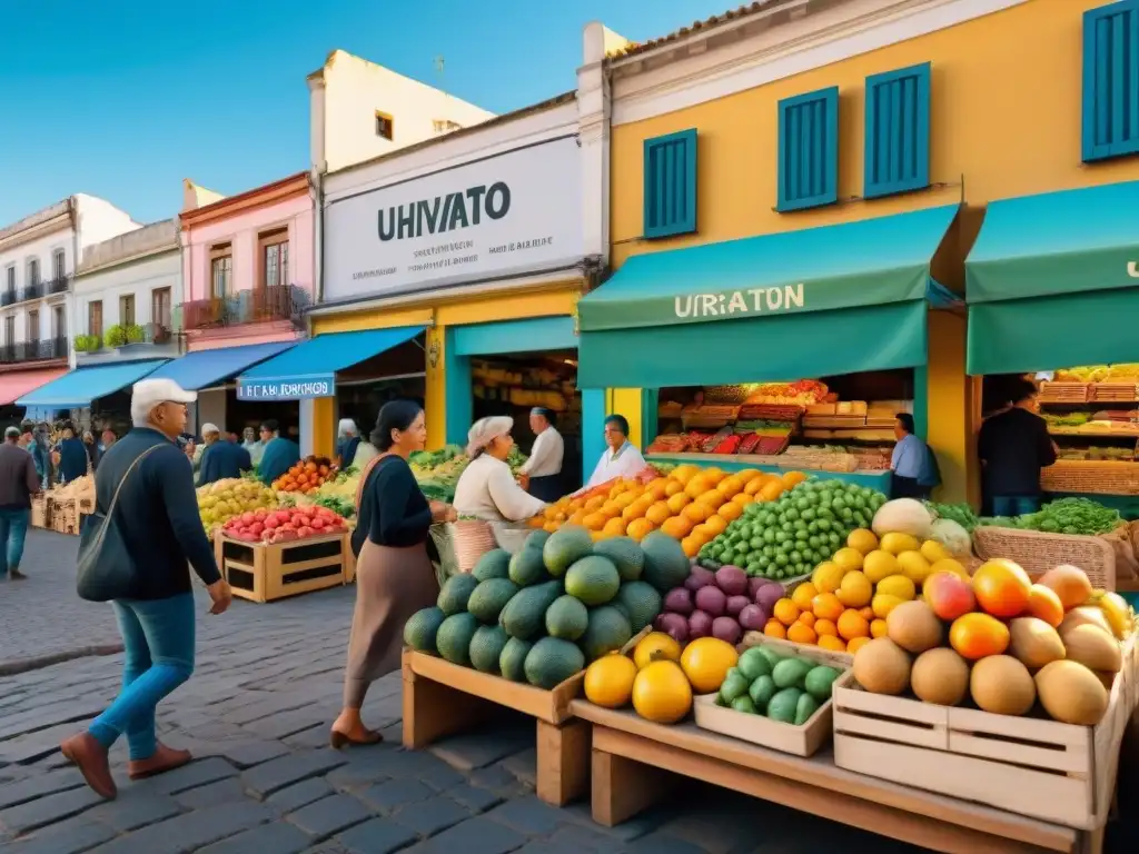 Un mercado uruguayo vibrante con frutas frescas y comida tradicional, destacando la cultura y la alimentación saludable