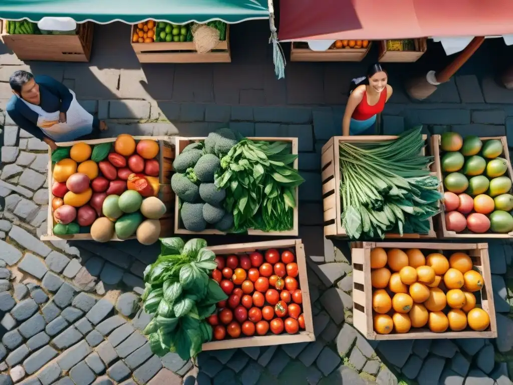 Mercado uruguayo vibrante con frutas frescas y verduras, vendedores y clientes bajo el sol sudamericano