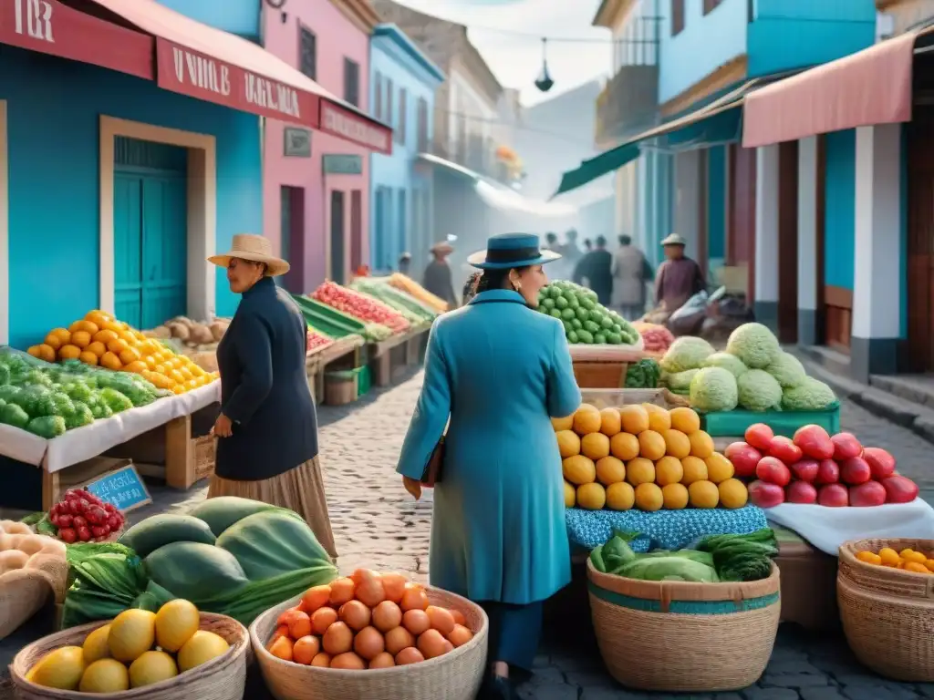 Un mercado uruguayo vibrante, con frutas y verduras frescas, locales animados y arquitectura tradicional