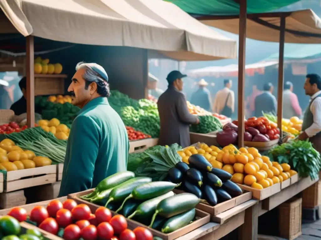 Un mercado uruguayo vibrante con frutas y verduras coloridas en puestos de madera